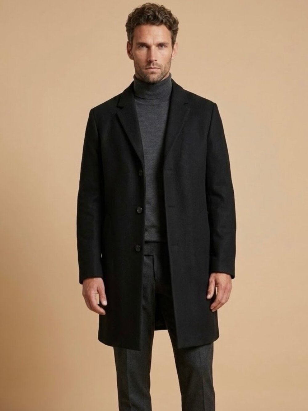 Kenneth Cole Reaction Mens Classic Black Wool Coat Overcoat L R 42 Minimalist